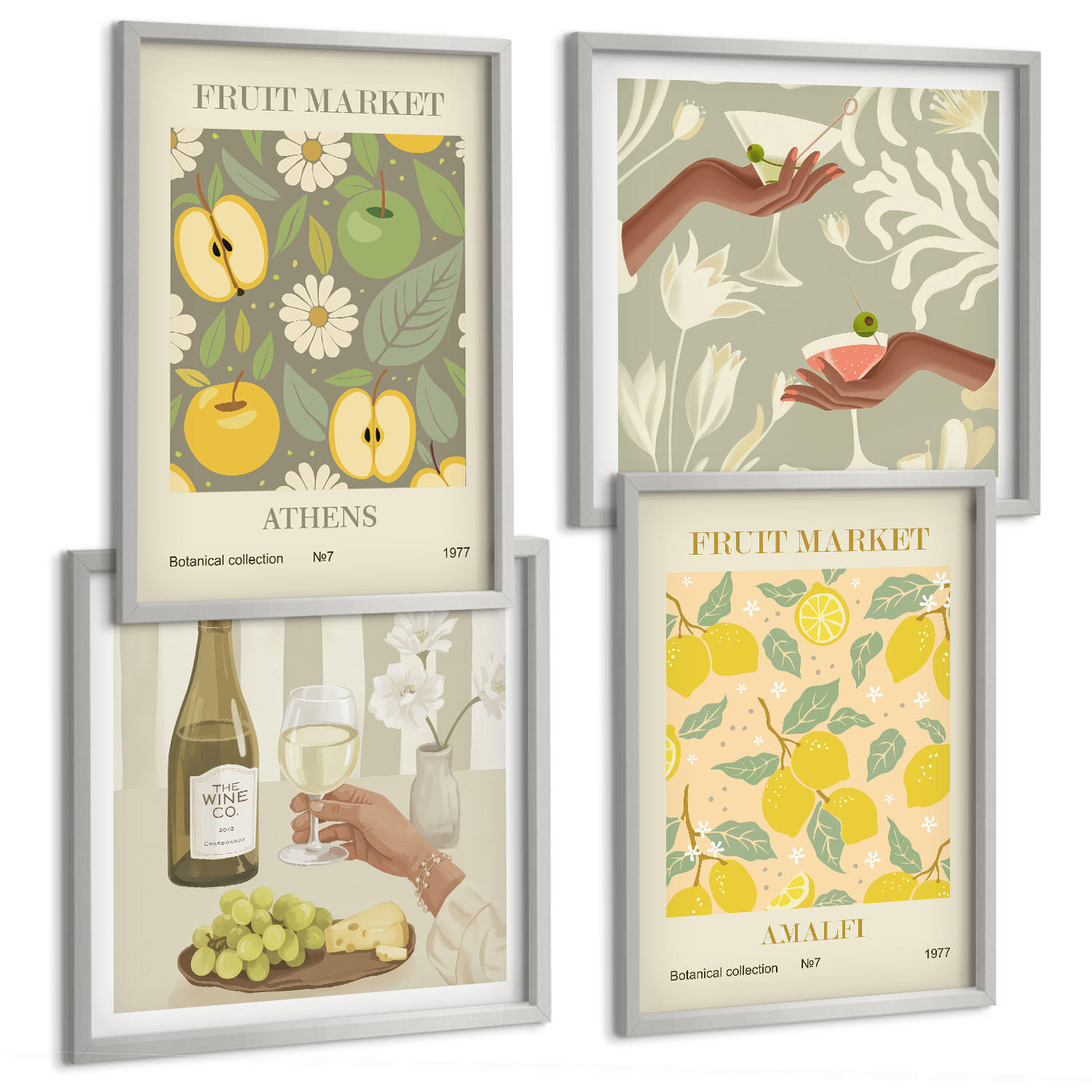 BILDER SET 4er Set - 50x50 cm & 40x60 cm Silberner Rahmen - Fruchtige Muster italienischer Wein - Silberfarben, Kunststoff (50/50cm) - TULUP