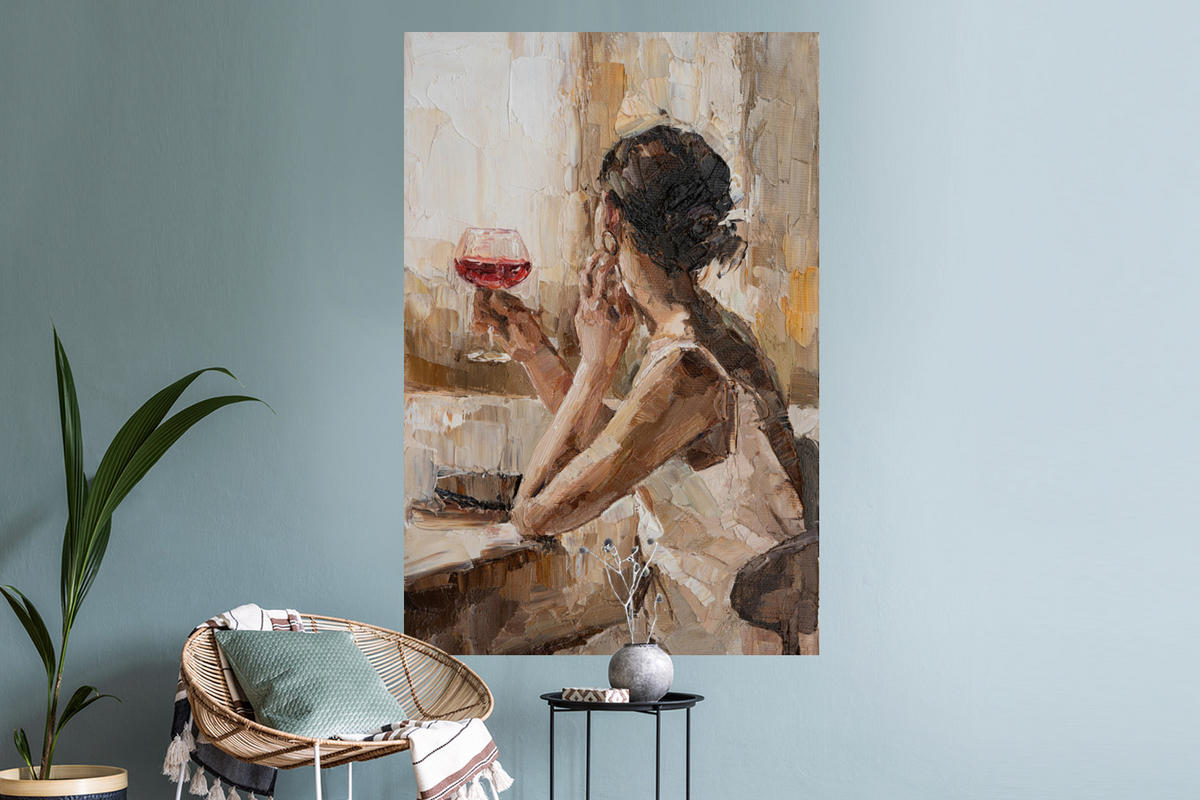 WANDTATTOO Ölgemälde - Frau - Wein 80x120 cm - Hellbraun, Kunststoff (80/120/0.1cm) - MuchoWow