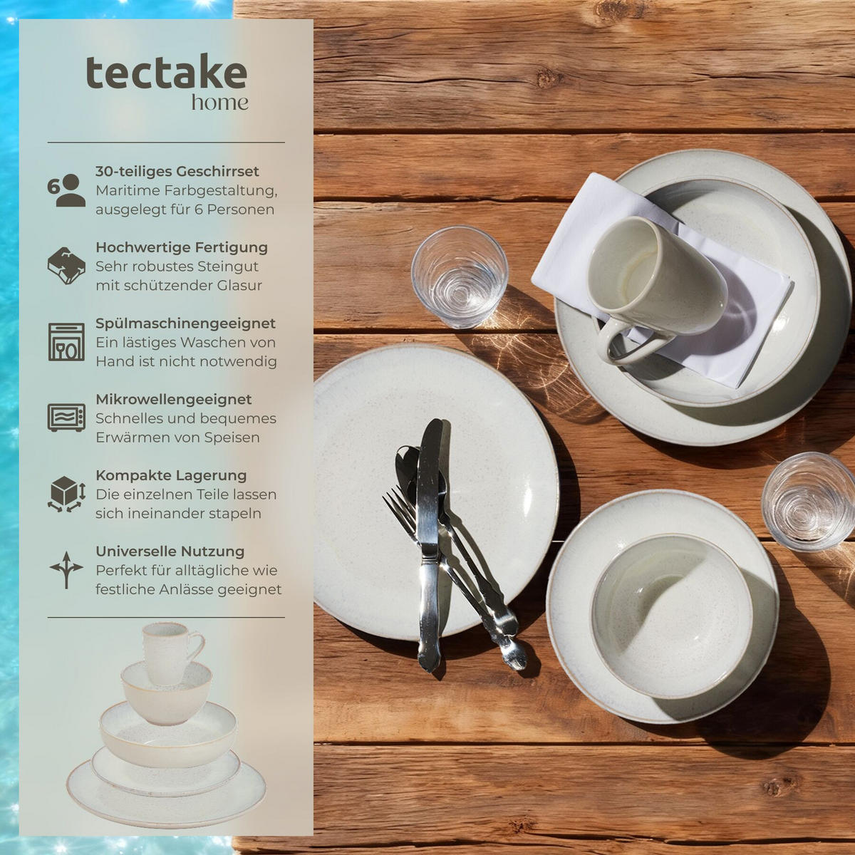KOMBISERVICE Mare, ineinander stapelbar, Sand - Sandfarben, Keramik (26.5/2.5/26.5cm) - tectake