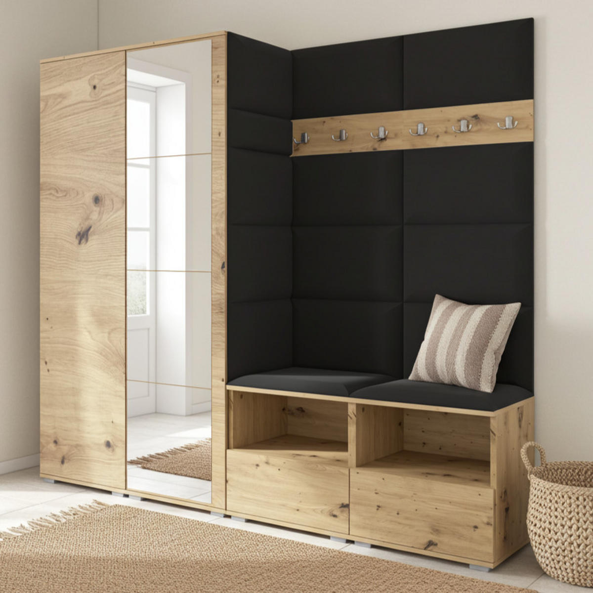 GARDEROBE NELA VI 200 cm (Modulare Flurmöbel Artisan Eiche mit Spiegel & Sitzpolster Schwarz 16 Universell) - Silberfarben/Schwarz, Holz/Holzwerkstoff (200/187/40cm) - Ravio