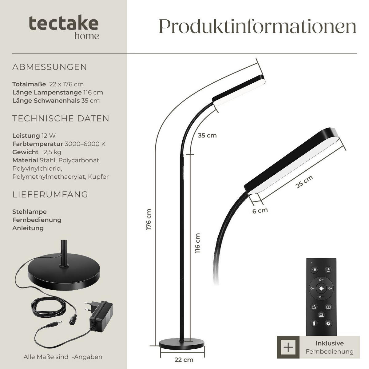 STEHLAMPE Prisma,22 x 176 cm,schwarz - Schwarz, Metall (22/22/176cm) - tectake