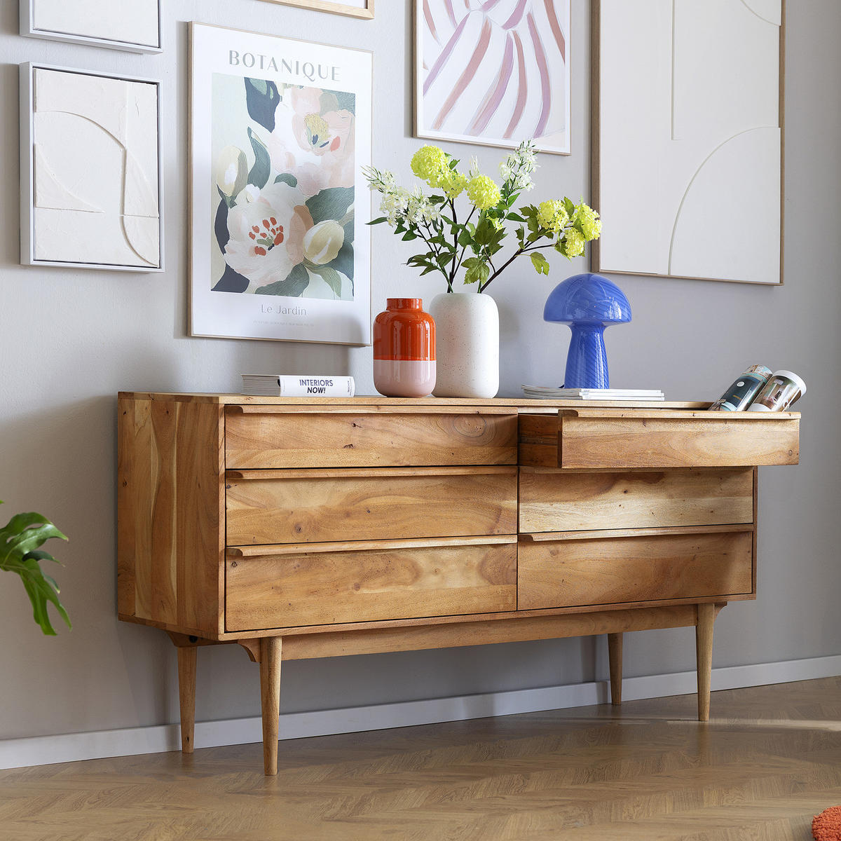 MASSIVES SIDEBOARD mit 6 Schubladen - Akazie massiv - Akaziefarben, Holz (160/80/40cm) - home24