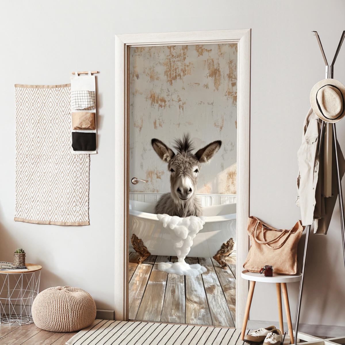 FOTOTAPETE Tür - Esel - Tier - Vintage - Badewanne 80x205 cm - Eukalyptusholzfarben, Kunststoff (80/0.1cm) - MuchoWow