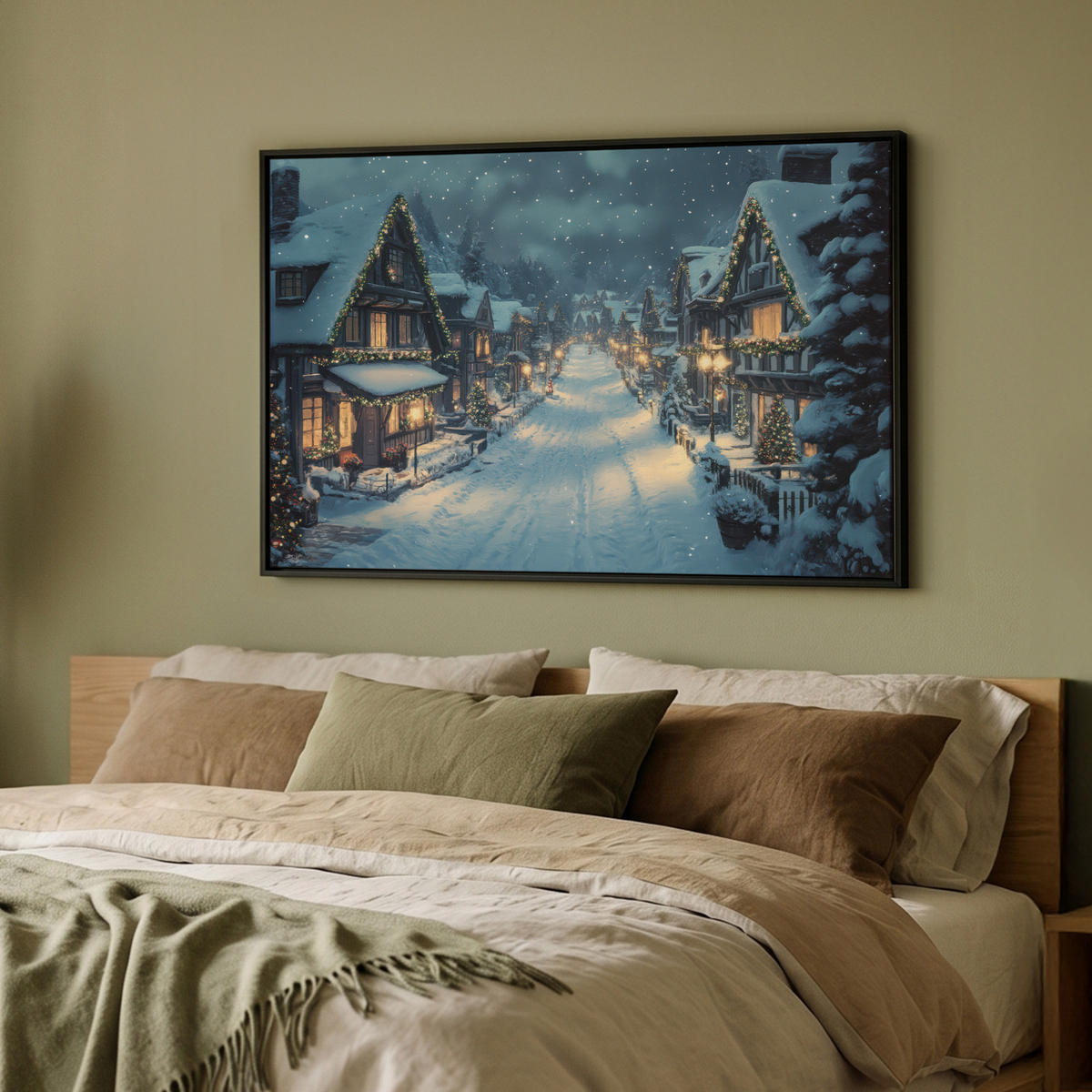 LEINWAND Bilder mit Rahmen - Weihnachtsdorf - Weihnachten - Schnee - Winter - 90x60 - Dunkelblau, Textil (90/60cm) - MuchoWow