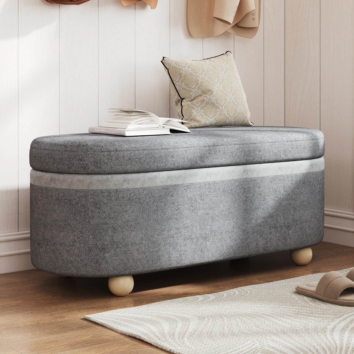 SITZBANK, Stauraum, Fleece, Holzbeine, Grau, 110x41x47cm - Grau, Textil (41/47/110cm) - FLIEKS