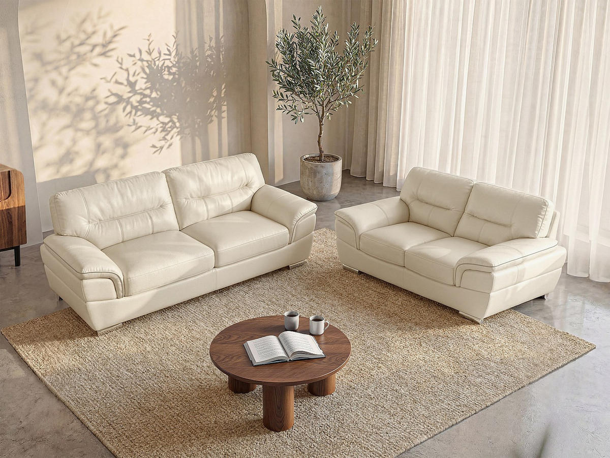 COUCHGARNITUR - 5 Personen - leder - elfenbeinfarben Thibault - Weiß, Leder/Metall (168/87/93cm) - Vente-Unique