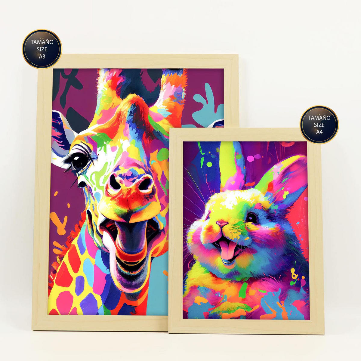 POSTER Set Mit 6 Freundliche Tiere Im Hochformat Lebhafte Aquarell Stil Illustrationen Von Lächelnde Tiere A3 & A4 Rahmen Aus Hellem Holz - Beige, Papier (29/3cm) - Nacnic