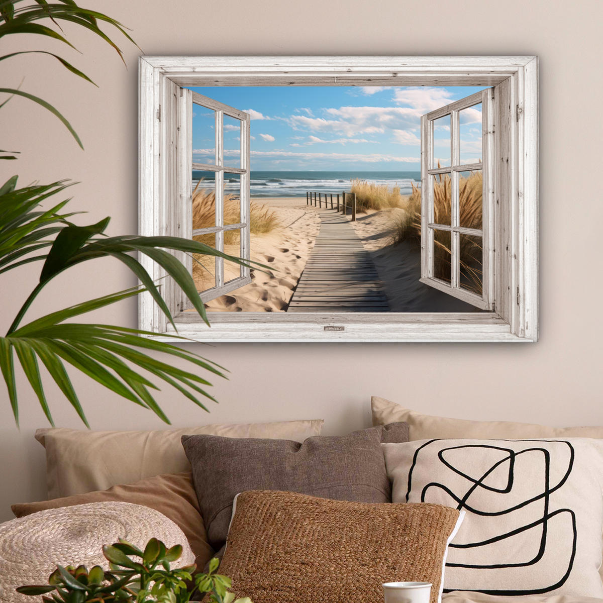 LEINWANDBILD Fenster - Meer - Küste - Natur - Ausblick - Strand - Wattenmeer Wandbilder 80x60 cm - Beige, Textil (80/60cm) - MuchoWow