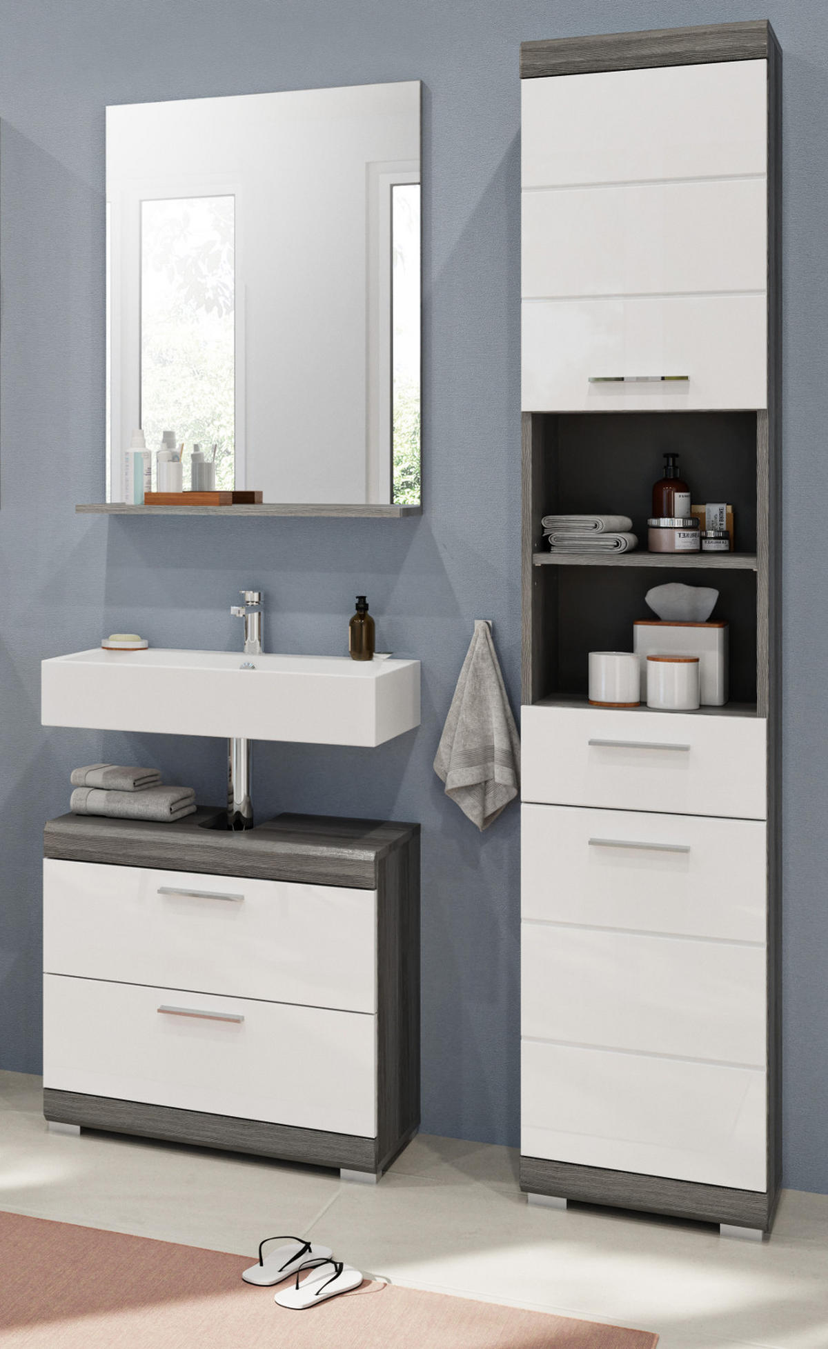 BADMÖBEL-SET weiß Hochglanz, grau 3-teilig 112 cm, Kombination mit viel Stauraum - Weiß Hochglanz/Grau, Holzwerkstoff (112/191/34cm) - Inn.Furn