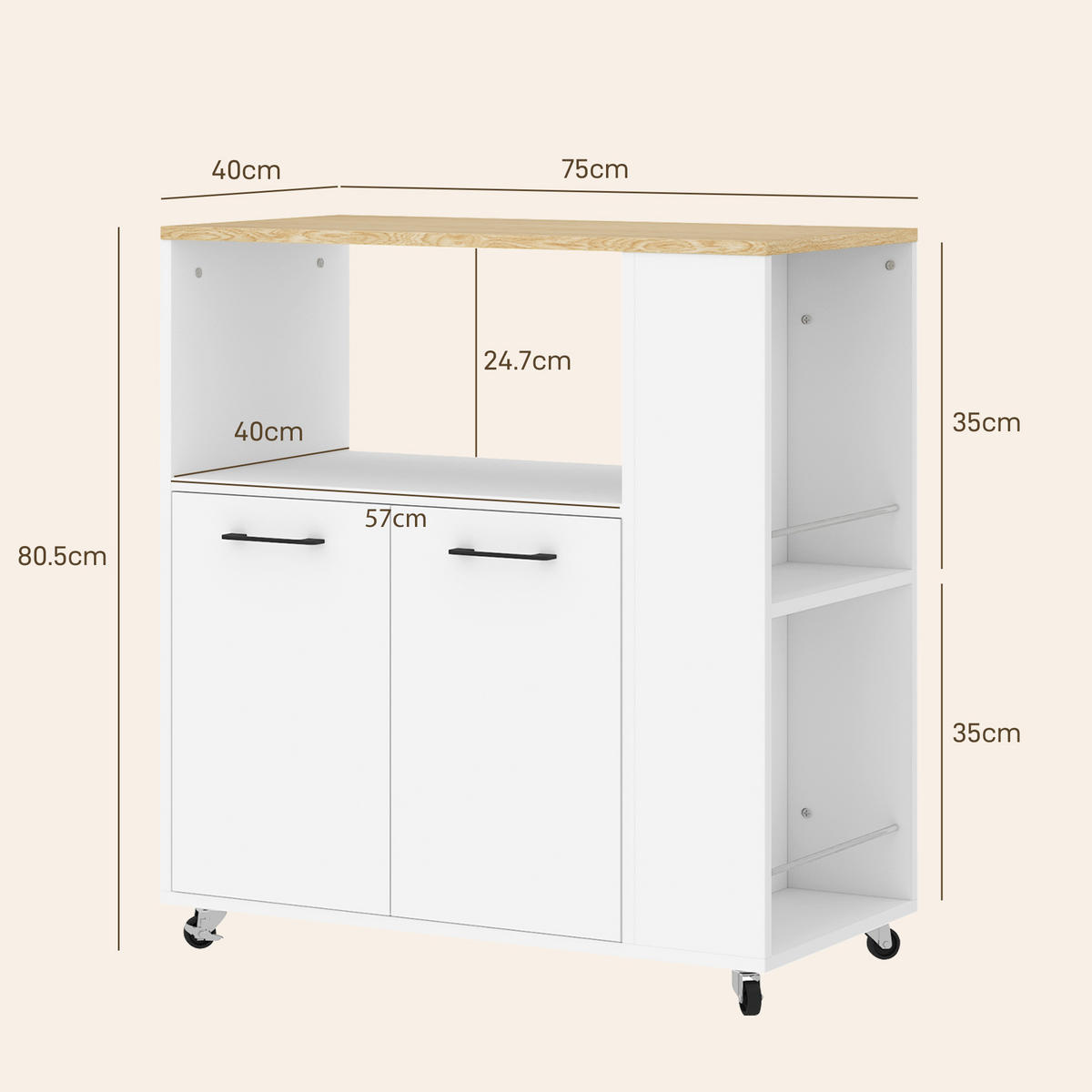 KÜCHENWAGEN, Holz-Wagen mit Schrank, 75 x 40 x 80,5 cm, Eiche Weiß - Multicolor, Metall (75/80.5/40cm) - FORIOUS