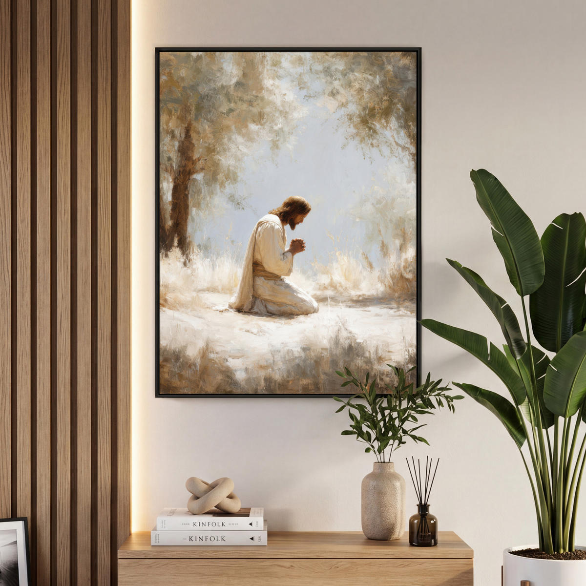 LEINWAND Bilder mit Rahmen - Jesus - Kniend - Waldlandschaft - Betend - 70x100 - Beige, Textil (70/100cm) - MuchoWow