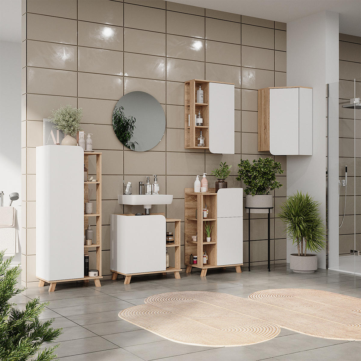 BADMÖBEL-SET Karen Sonoma/Weiß 6 Teile - Weiß/Sonoma Eiche, Holzwerkstoff (60/65/35cm) - Vicco