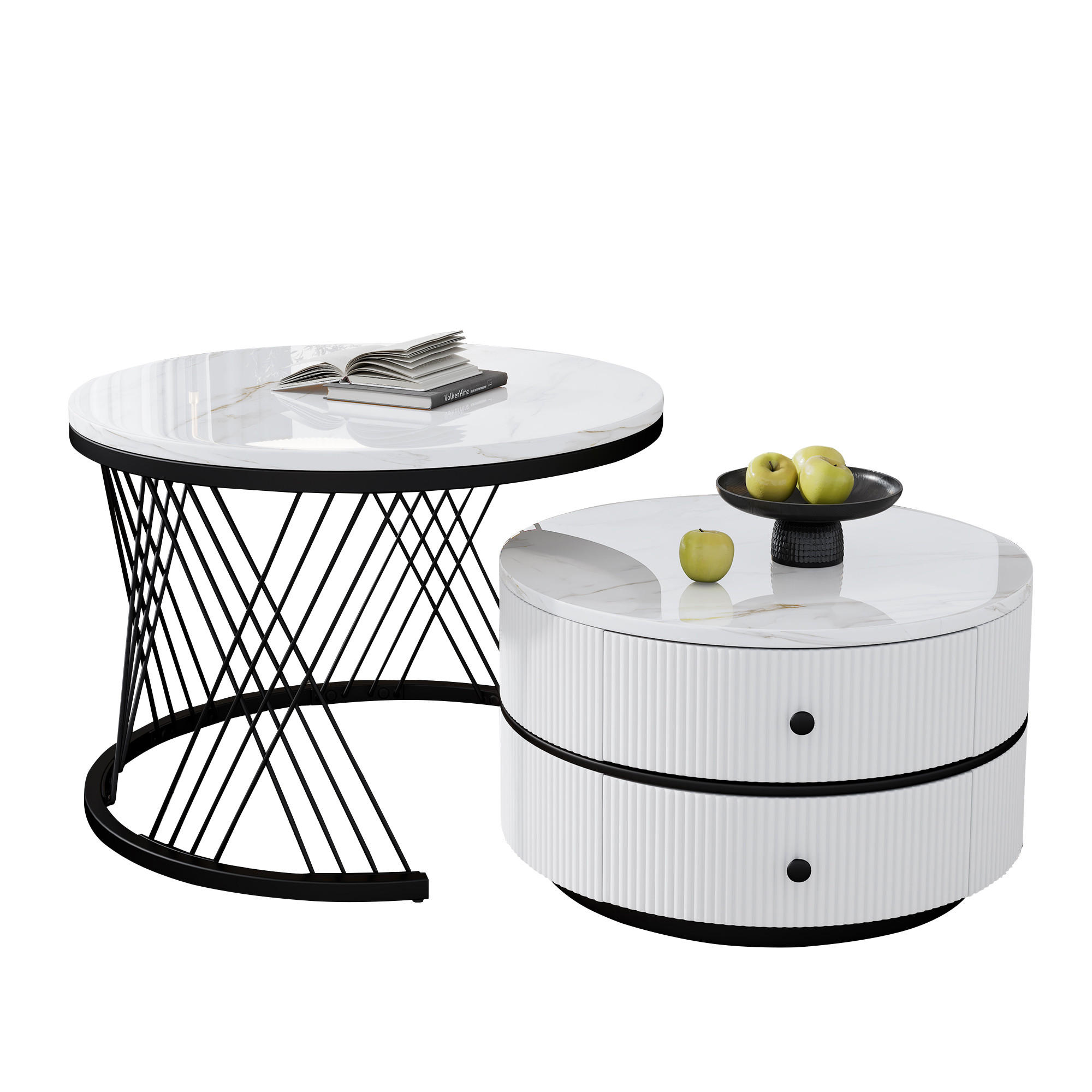 COUCHTISCH Set 60/60/46 cm und 50/50/31 cm Weiß mit hochglänzender Marmoroptik - Schwarz/Weiß, Holzwerkstoff (60/60/46cm) - OKWISH