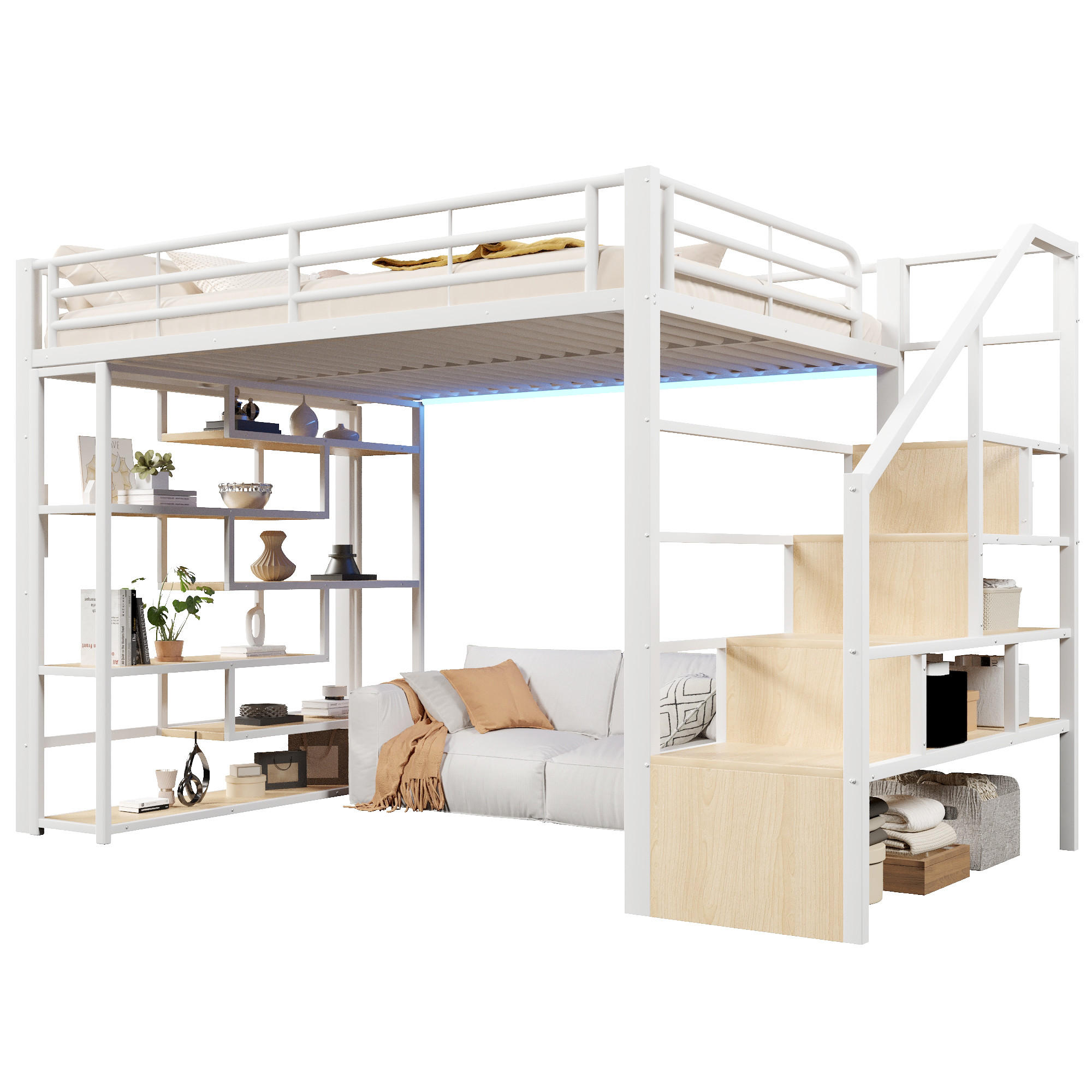 HOCHBETT 140x200 Metall Weiß mit Stauraum LED Treppe - Weiß, Metall - Gisaae