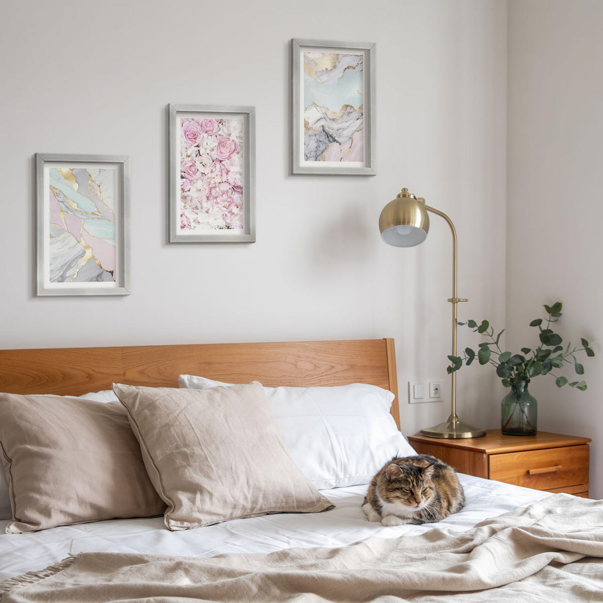 WANDBILDER 3er Set - 20x30 cm Silberner Rahmen - Rosa Blumen Marmor Pastell - Silberfarben, Kunststoff (20/30cm) - ArtPrintCave