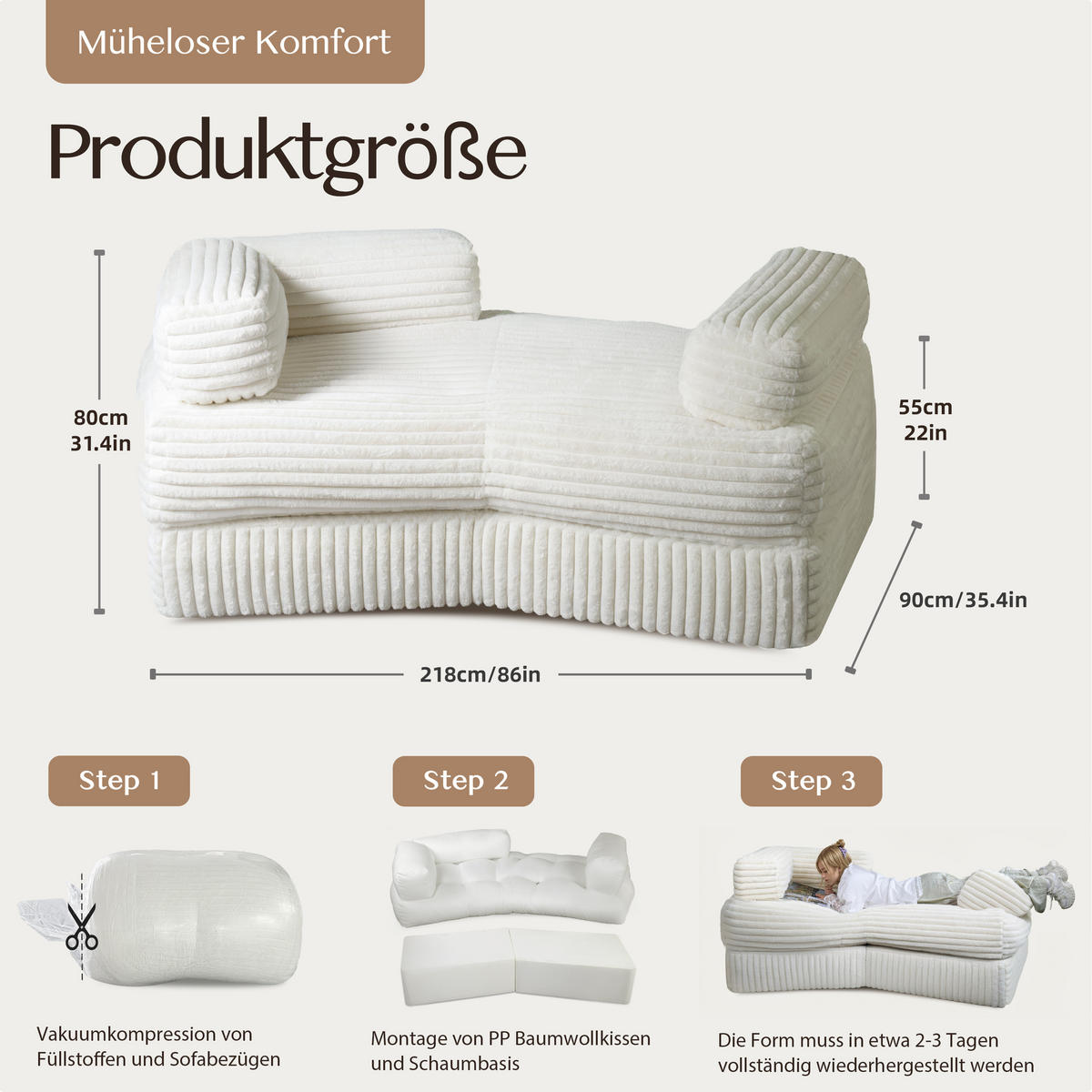 LOUNGE sofa cord Beige - Beige, Textil (218/80/90cm) - Vercart