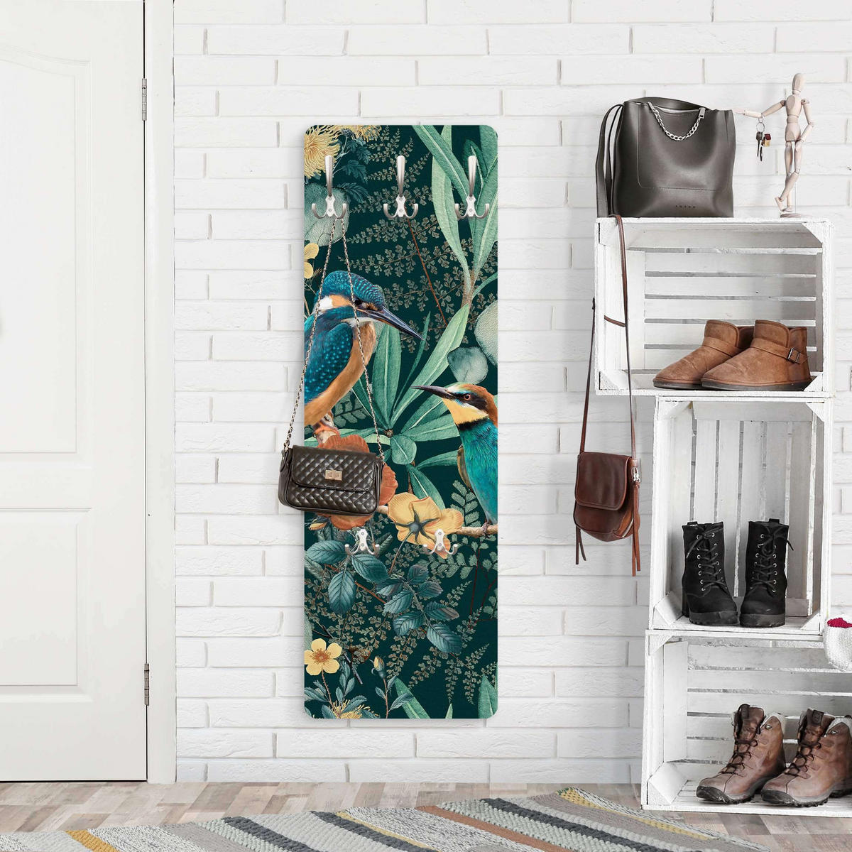 WANDGARDEROBE - Blumenparadies Eisvogel und Kolibri 34/105 cm - Grün, Holzwerkstoff (34/105/1.6cm) - Bilderwelten