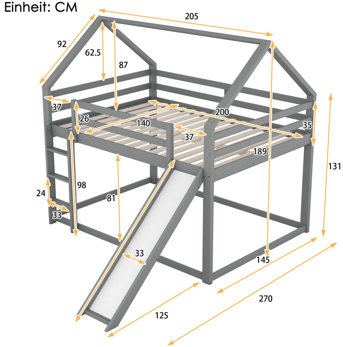 ETAGENBETT aus Kiefer und MDF 140x200 cm Grau mit Rutsche, Leiter und Hausform - Grau, Holzwerkstoff (140/200cm) - Modfu