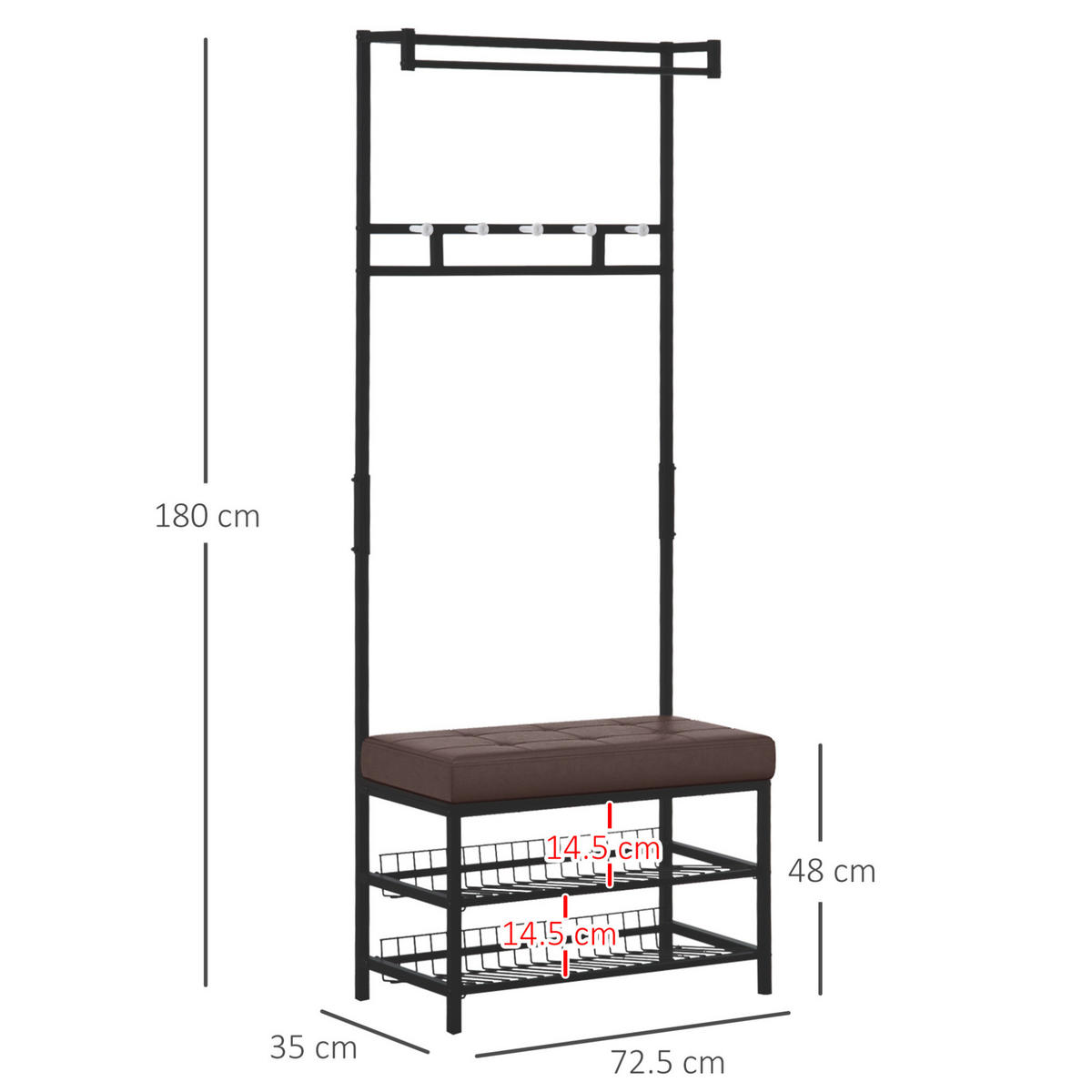 GARDEROBENSTÄNDER mit Bank 72,5x35x180 cm Metall Schwarz - Schwarz, Metall (35/180/725cm) - Beauniv