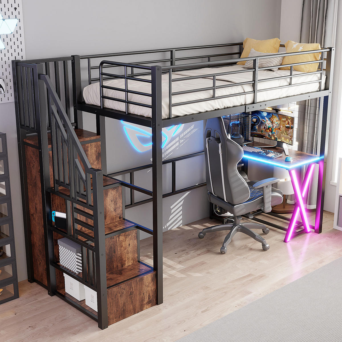 HOCHBETT 90/200 cm in Schwarz mit LED, Ablageleiter, Schreibtisch, Kleiderschrank und Regal - Schwarz, Holzwerkstoff/Metall (90/200cm) - STILVORA