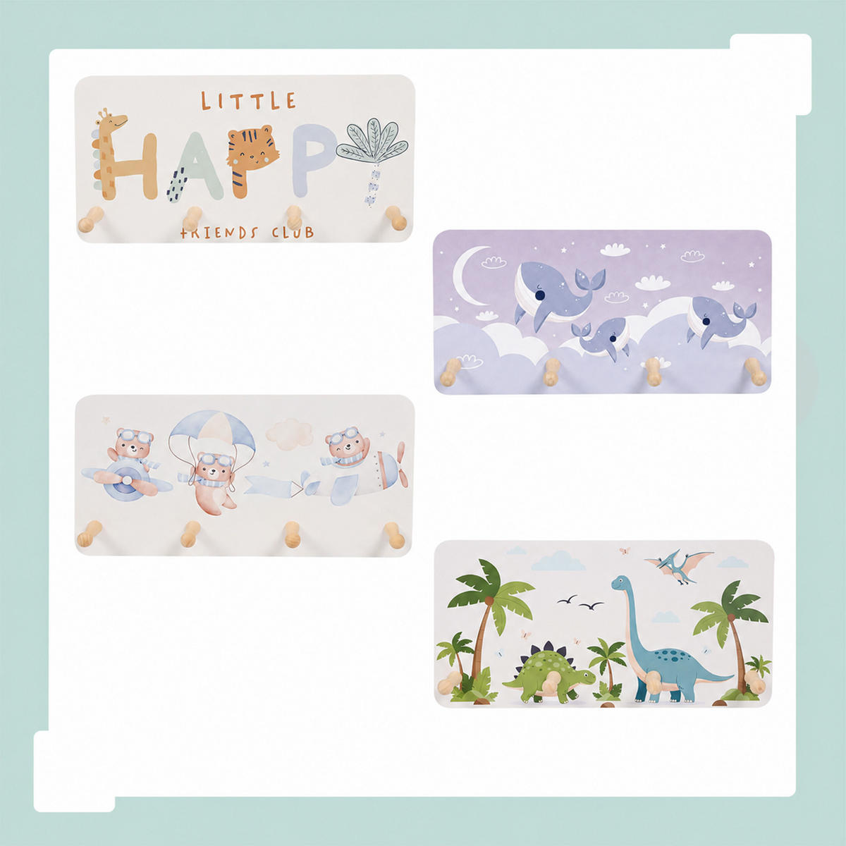 VĚŠÁK vícebarevný 4-háčky MDF borovice 20x40 cm - různobarevná, dřevo/kompozitní dřevo (40/20/5.5cm) - Relaxdays