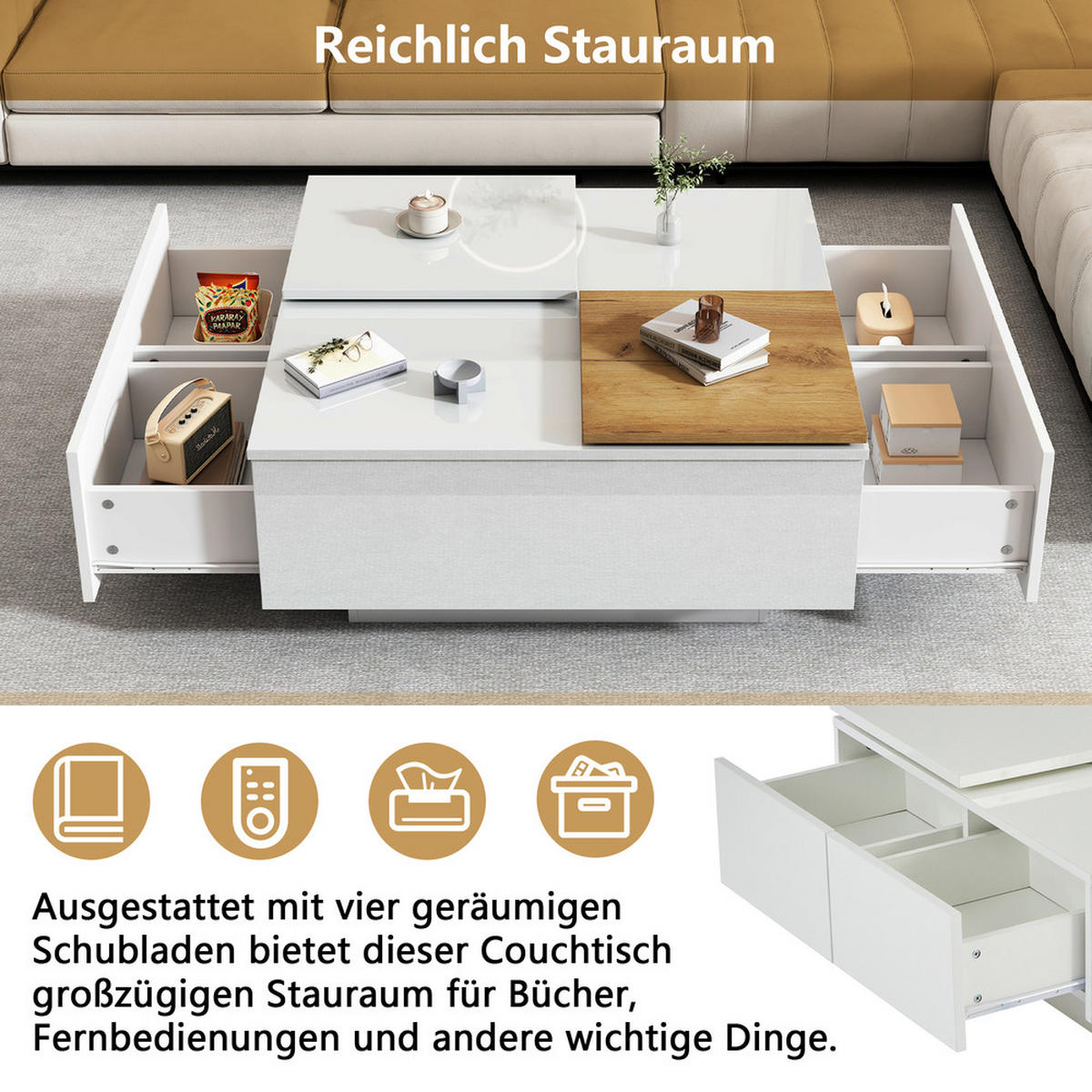 COUCHTISCH 75x75cm Weiß Hochglanz Quadratisch Holzoptik Einschiebeplatte 30kg - Weiß, Holz (85.85/85.85/13.97cm) - FLIEKS