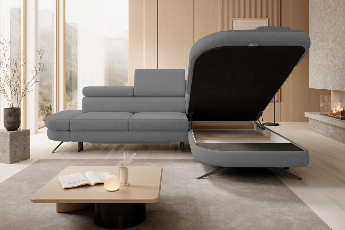ECKSOFA OTIS L-förm, Schlaffunktion, verstellbare Kopfstützen, in AURORA-Stoff, lose Rückenkissen, freistehend, RECHTS 276x218x97 cm Grey - Grau, Holz/Textil (276/218cm) - DomoHome