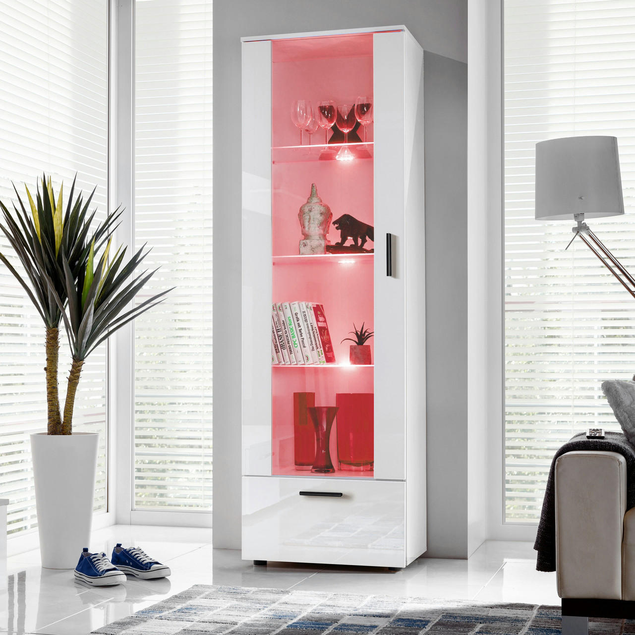 VITRINE ALESSANDRIA, Weiss, LED Mehrfarbige - Schwarz/Weiß, Glas/Holzwerkstoff (60/192/42cm) - Komodee
