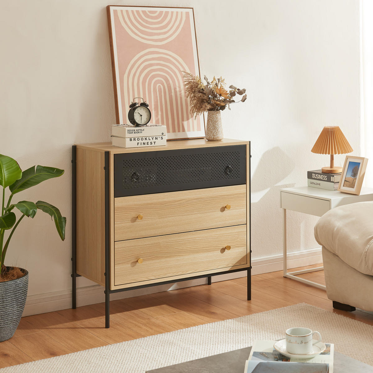KOMMODE Tysnes - Eichefarben/Schwarz, Holzwerkstoff/Metall (80/80/40cm) - [en.casa]