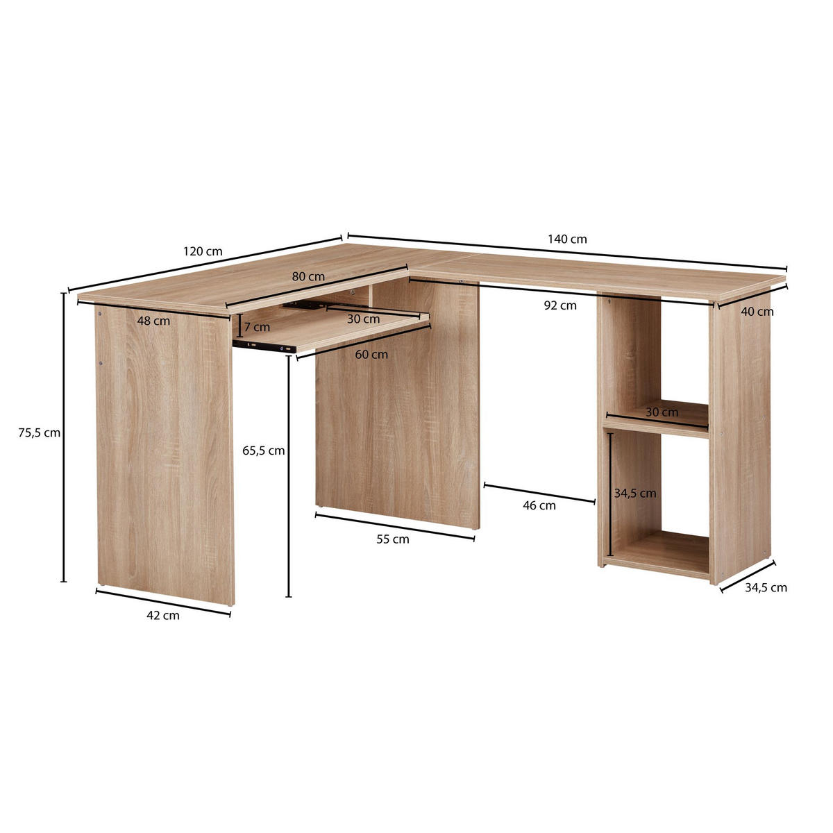 SCHREIBTISCHKOMBINATION ITTER Regal Tastaturauszug, Beige 140x120x75 cm - Beige/Braun, Holz (120/140/75cm) - KADIMA DESIGN