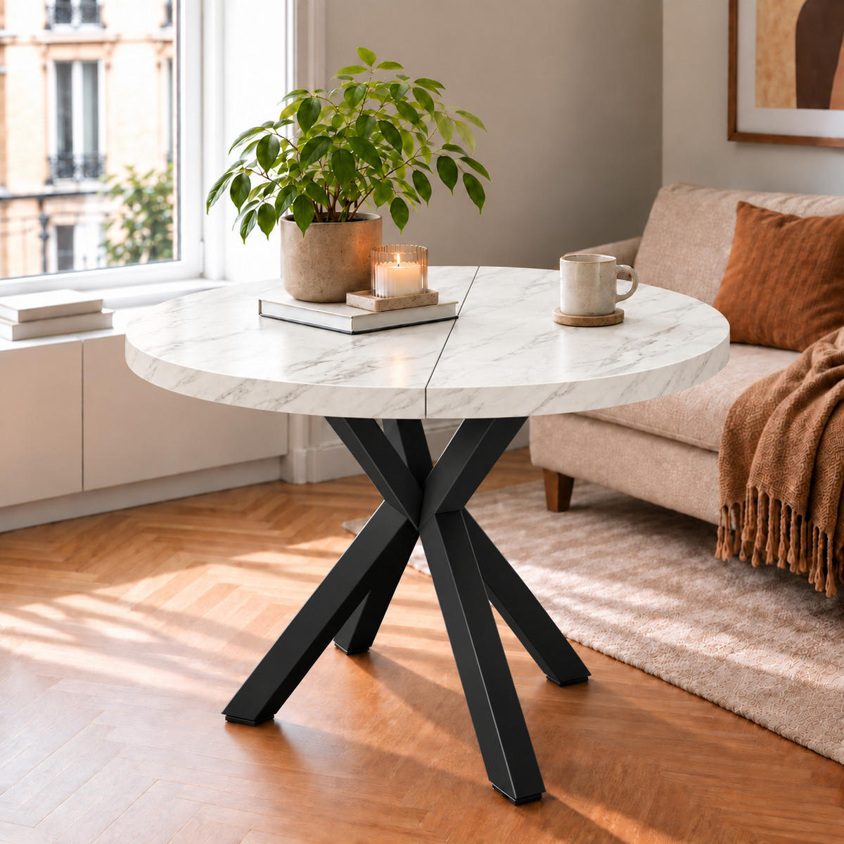 ESSTISCH rund ausziehbar 110/310/76 cm, Marmoroptik, 54 cm Tischplatte + X Metallbeine Schwarz - Weiß/Grau, Holzwerkstoff/Metall (110/310/76cm) - Damale Möbel
