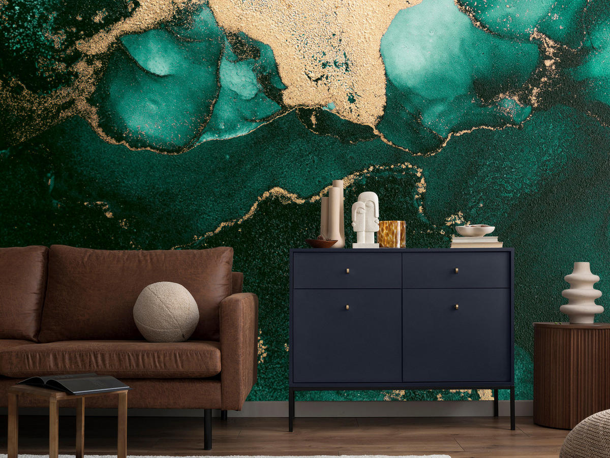 FOTOTAPETE für Küche Abstrakter Türkiser Marmor Goldimitation Modern 150x105 - Türkis, Papier (150/105cm) - Muralo