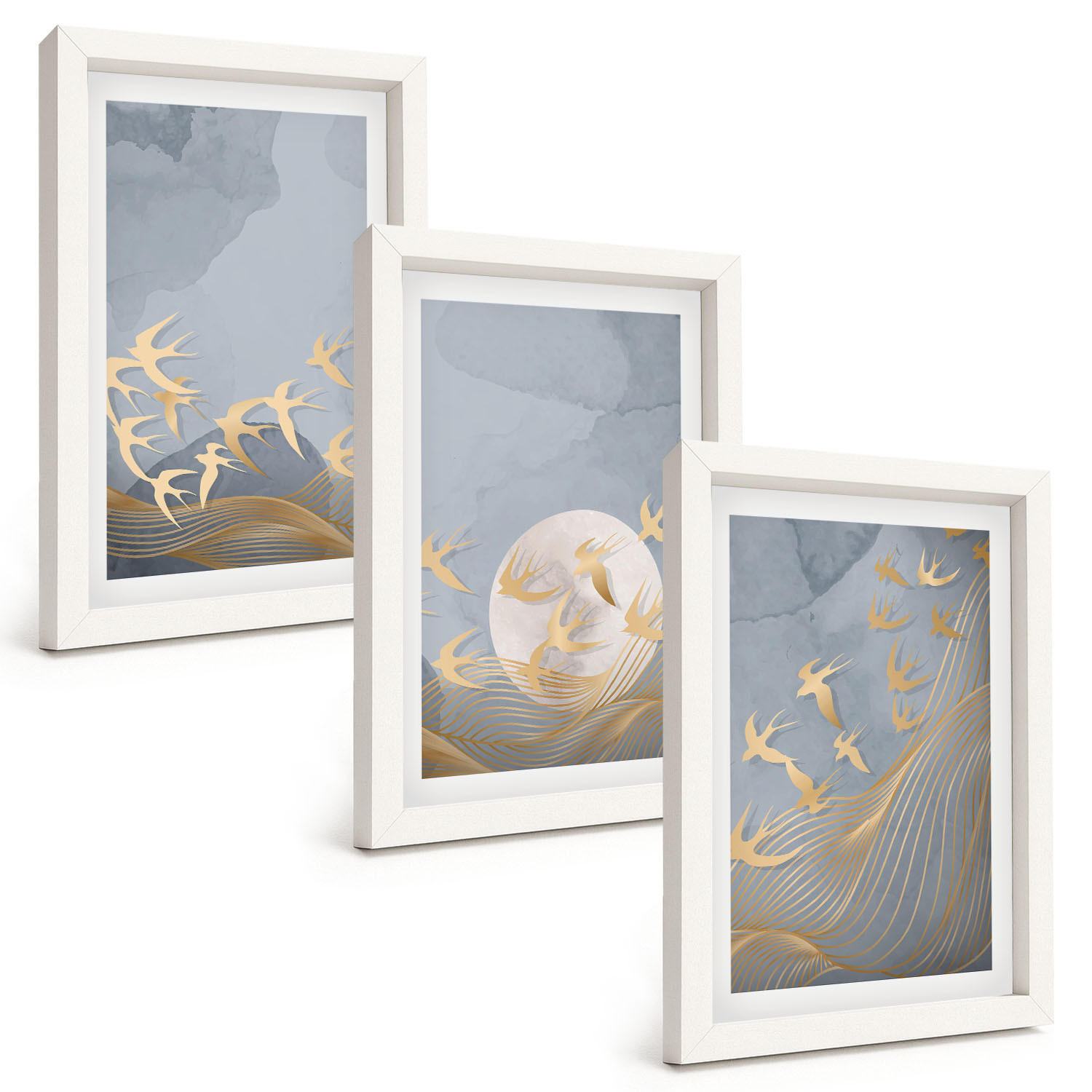 BILDER SET 3er Set - 20x30 cm Weißer Rahmen - Vögel, die am Himmel fliegen - Weiß, Kunststoff (20/30cm) - TULUP