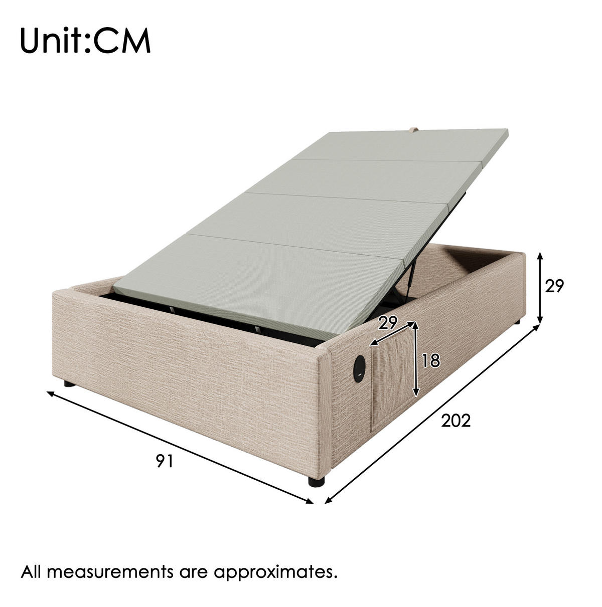 POLSTERBETT 90/200 cm mit Stauraum aus Leinen und USB-C-Anschluss - Beige, Textil (90/200cm) - OKWISH