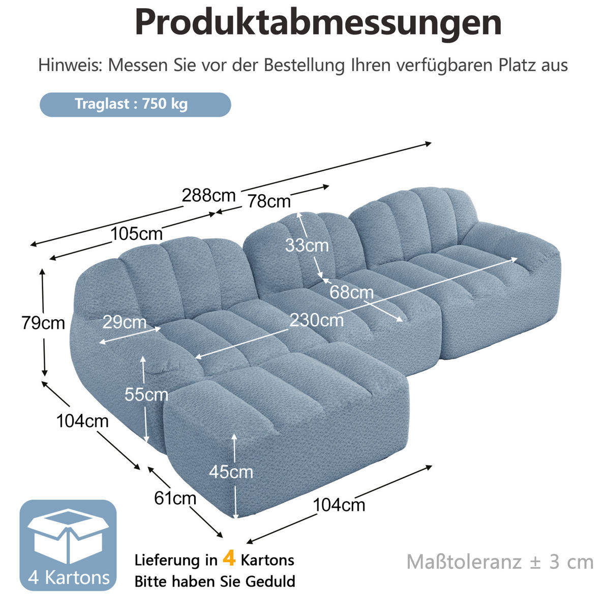 MODULARES Ecksofa mit Ottomane, granulierter Fleece, Blau 288x165x79 cm, 3-Sitzer - Blau, Textil (165/288cm) - IVMEU