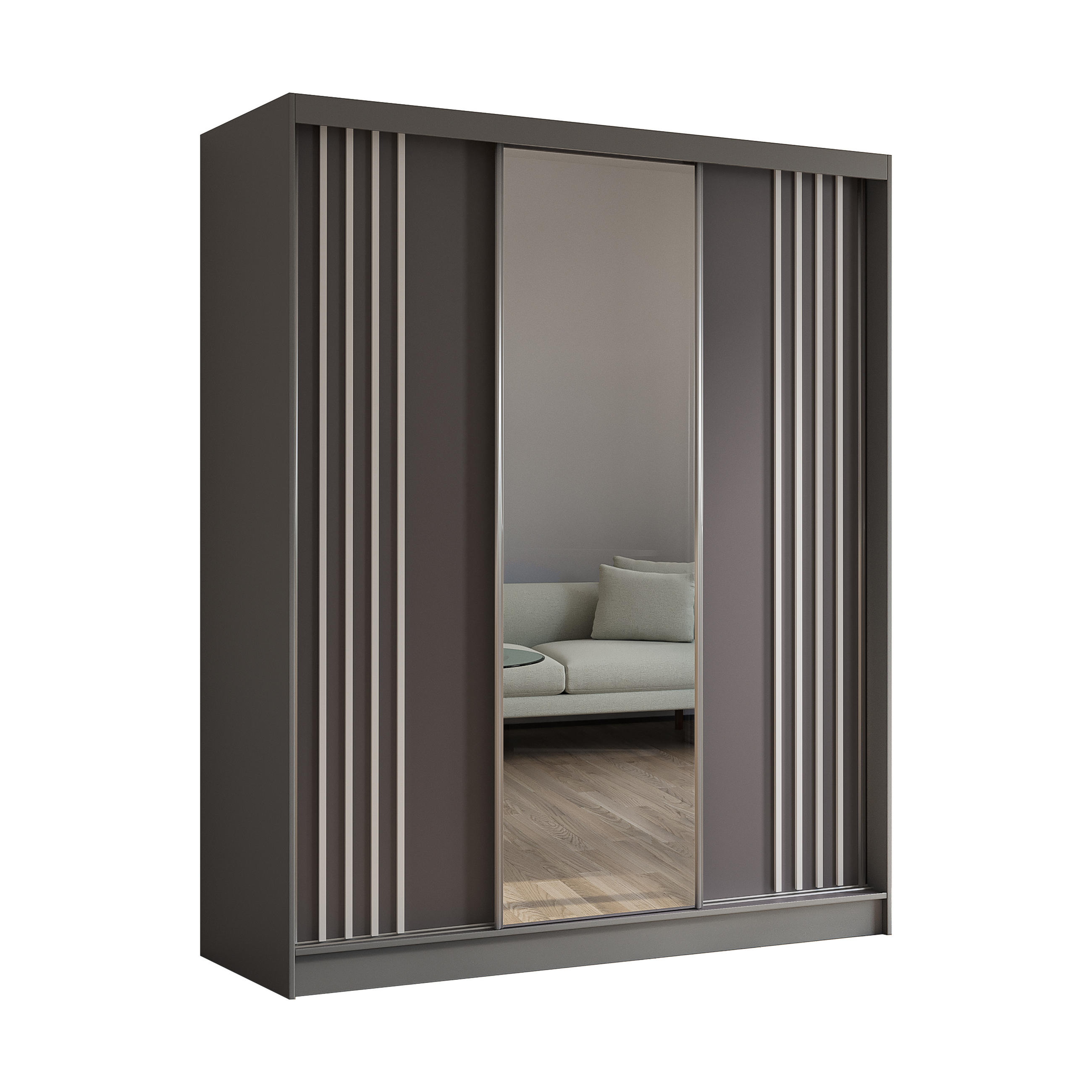KLEIDERSCHRANK mit Spiegel-Schiebetüren und Aluminium-Leisten, LED-Beleuchtung - NALLA - 180 cm Grau+Grau+Weiß - Weiß/Grau, Holzwerkstoff (180/216/61cm) - ALTDECOR