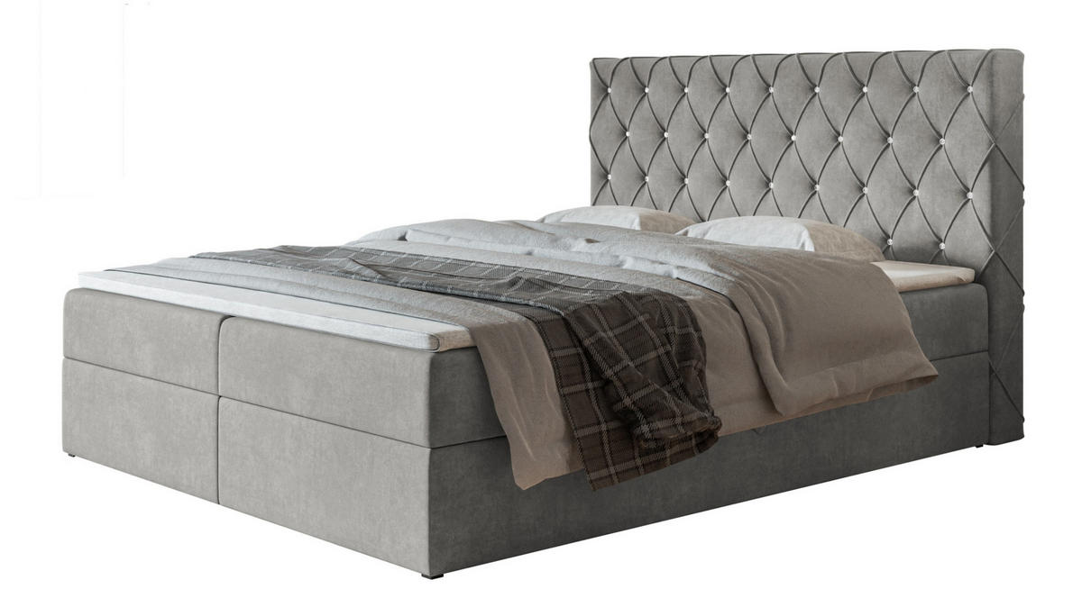 BOXBETT BOSTON mit 2 Bettkästen, 160x200, Farbe: Grau, Velourstoff, Doppelbett mit Bonell-Matratze - Grau, Holz/Kunststoff (160/200cm) - Alpi-Möbel