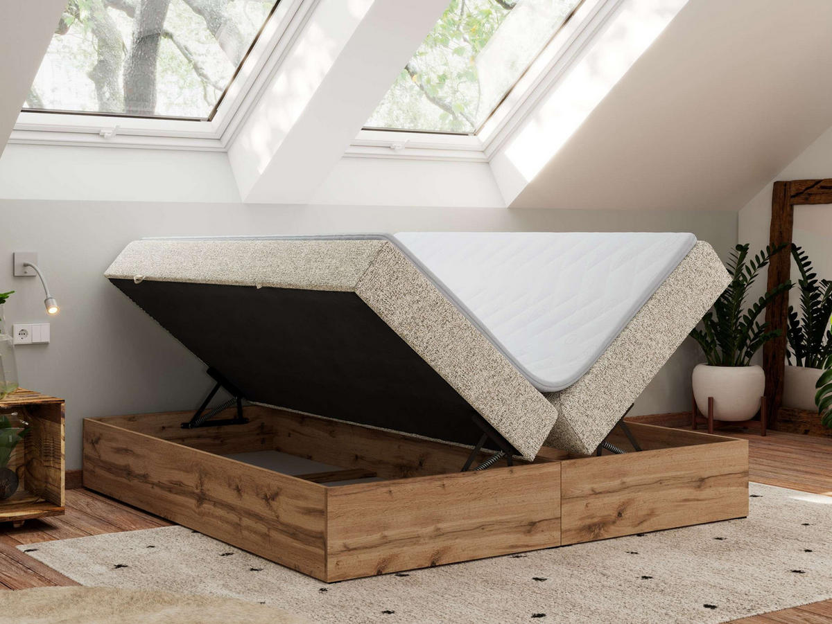 BOXBETT WOOD ZERO 180/200 - Beige Struktur - H3 - Topper T25 - Beige, Textil (180/200cm) - MKS