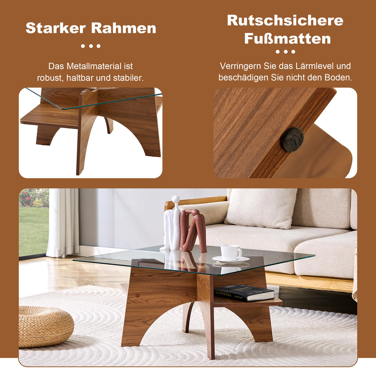 COUCHTISCH 80/80/40 cm Transparent Nussbaum MDF mit Sicherheitsglas und Ablagefach - Walnussfarben, Holzwerkstoff (80/80/40cm) - OKWISH