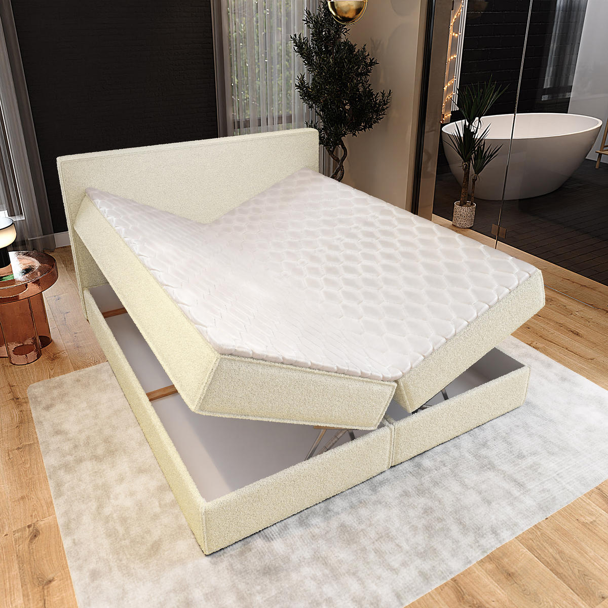 BOXBETT PELLIO 140x200 cm mit Matratze und Topper - Creme - Creme, Holz (140/200cm) - MASSENO