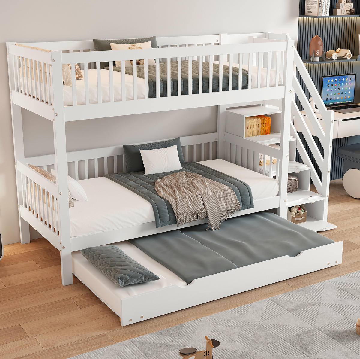 ETAGENBETT 253/95/150 cm aus Kiefer und MDF mit Rollbett und Leiterschrank Weiß - Weiß, Holz (90/200cm) - Modenvie