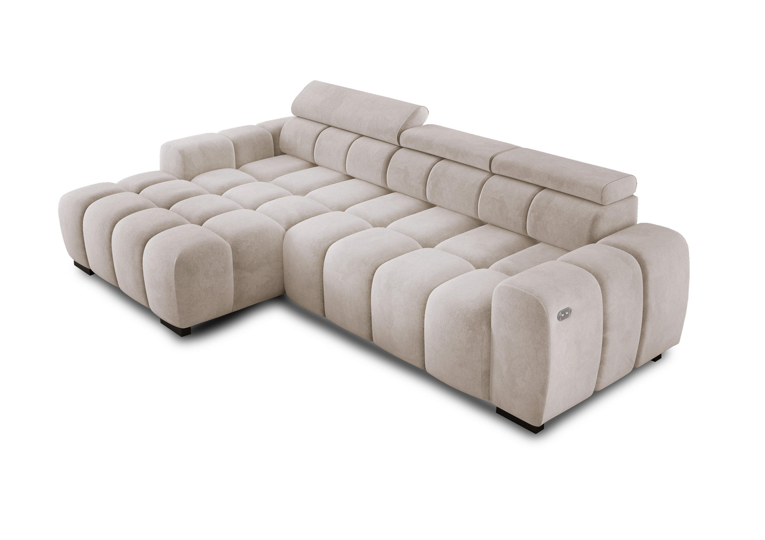 ECKSOFA OMBO 285x168x77/97 cm, Links, Schlaffunktion, elektr. Sitz, Kopfstützen, Buche dunkel, hydrophober SALVADOR-Stoff – Cappuccino - Beige, Holz/Textil (168/285cm) - DomoHome