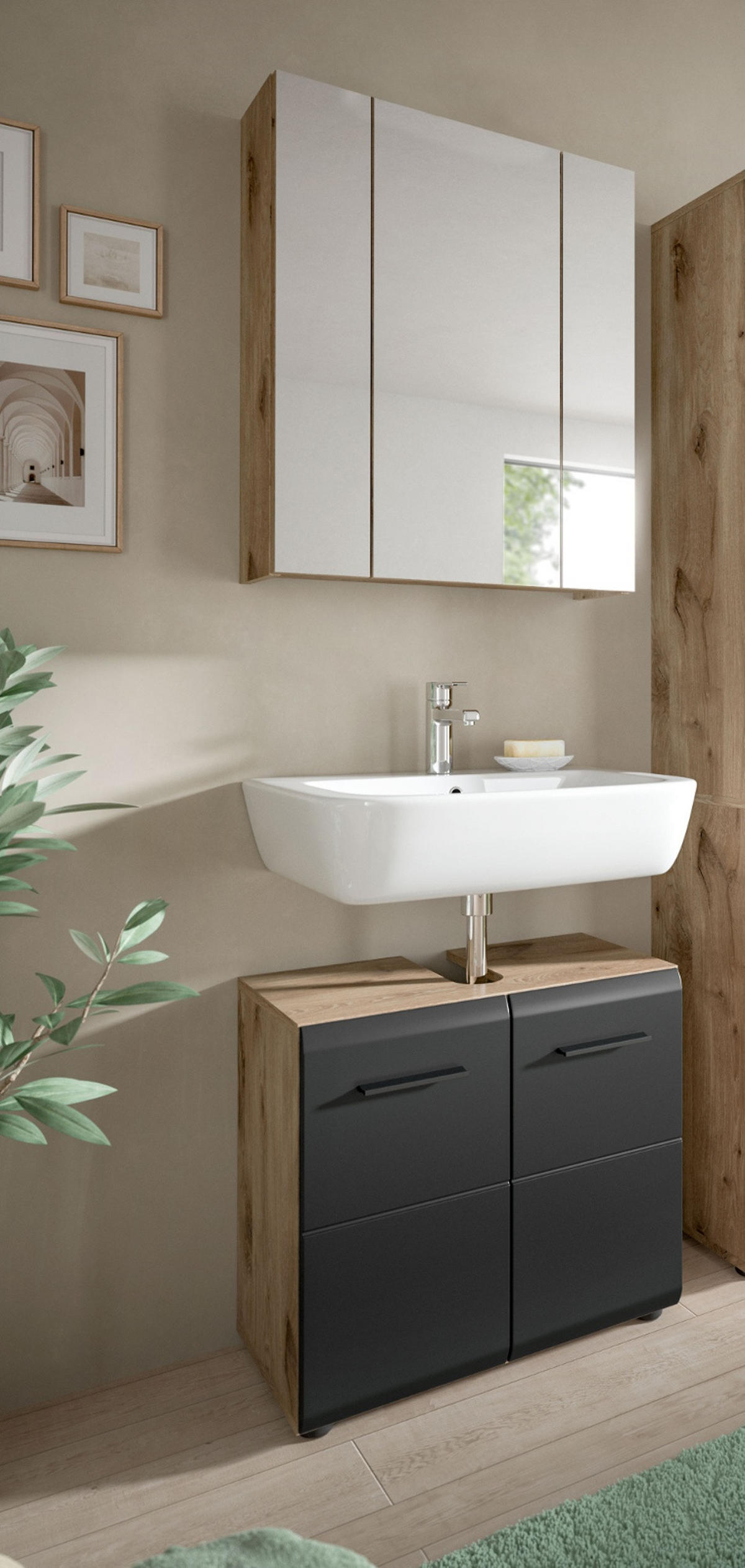 BADMÖBEL-SET 2-teilig schwarz matt, Eiche Nox, Set für Badezimmer und Gäste-WC, Breite 60 cm - Eichefarben/Schwarz, Glas/Holzwerkstoff (60/185/30cm) - Inn.Furn