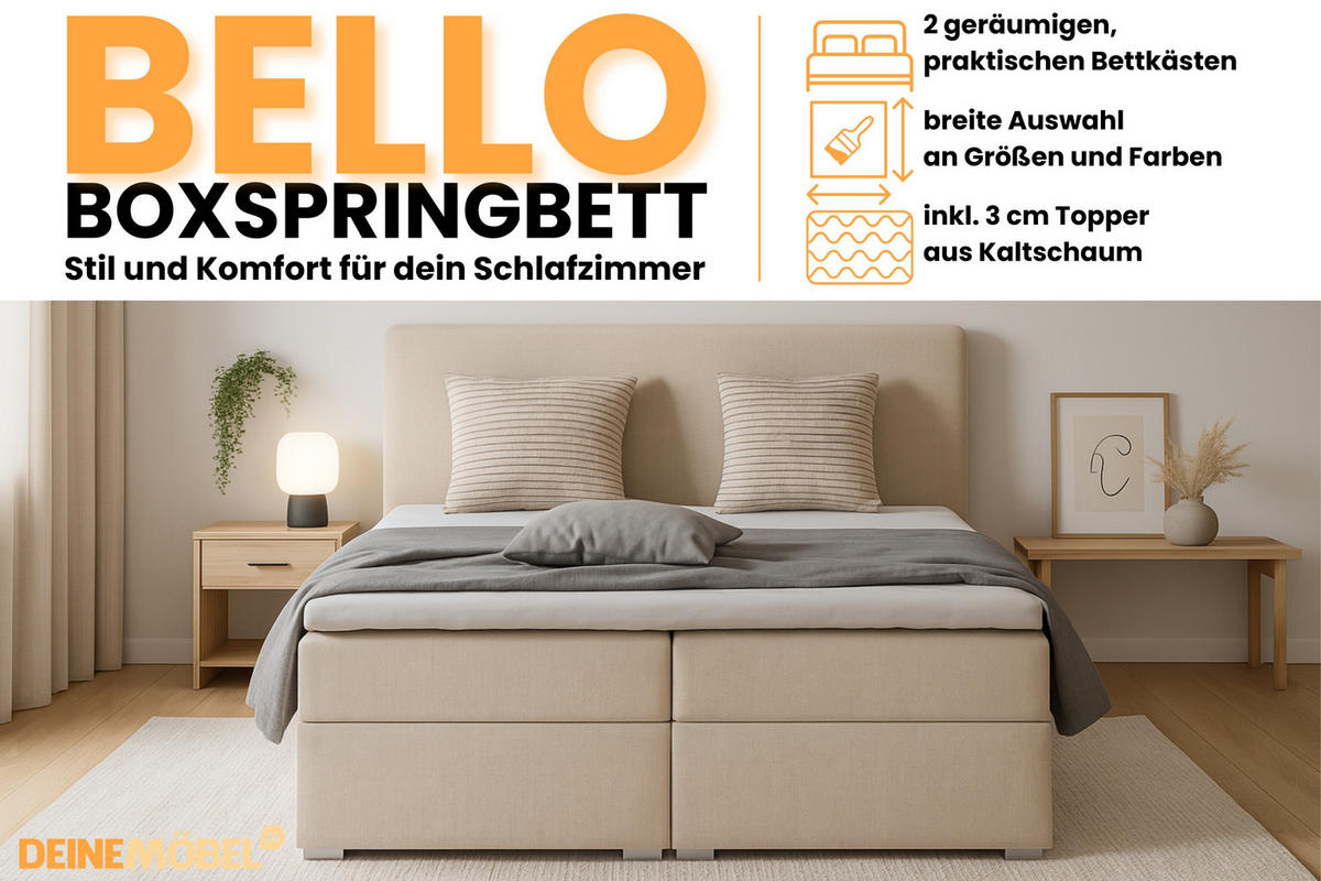 BOXBETT BELLO 180x200 in Velour Beige H4 - Beige, Holz/Holzwerkstoff (180/200cm) - Deine Möbel 24
