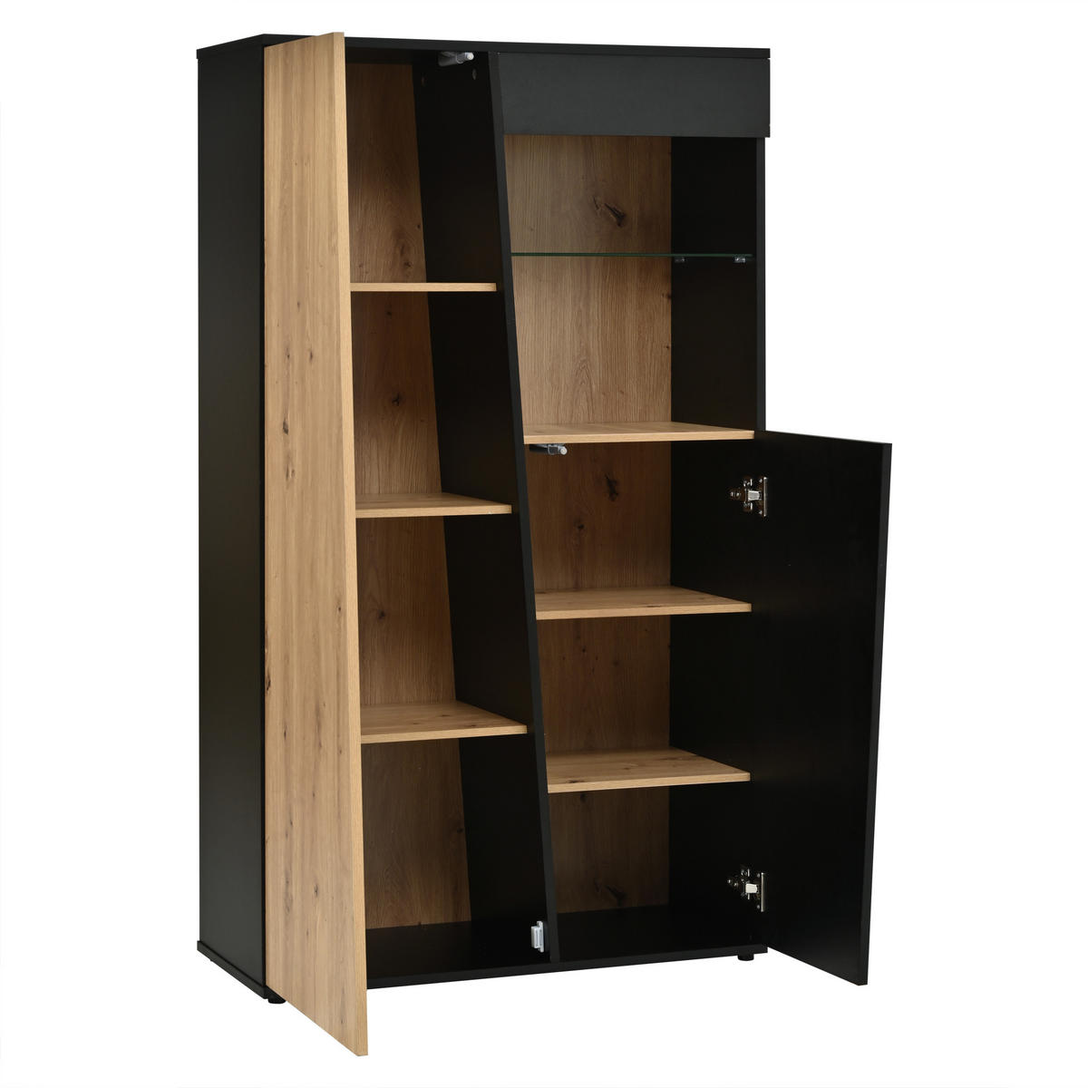 VITRINENSCHRANK 80/35/139,5 cm mit LED, Glastüren und verstellbaren Glasböden in Schwarz-Naturholzoptik - Schwarz/Naturfarben, Glas/Holzwerkstoff (80/139.5/35cm) - CHICFURN