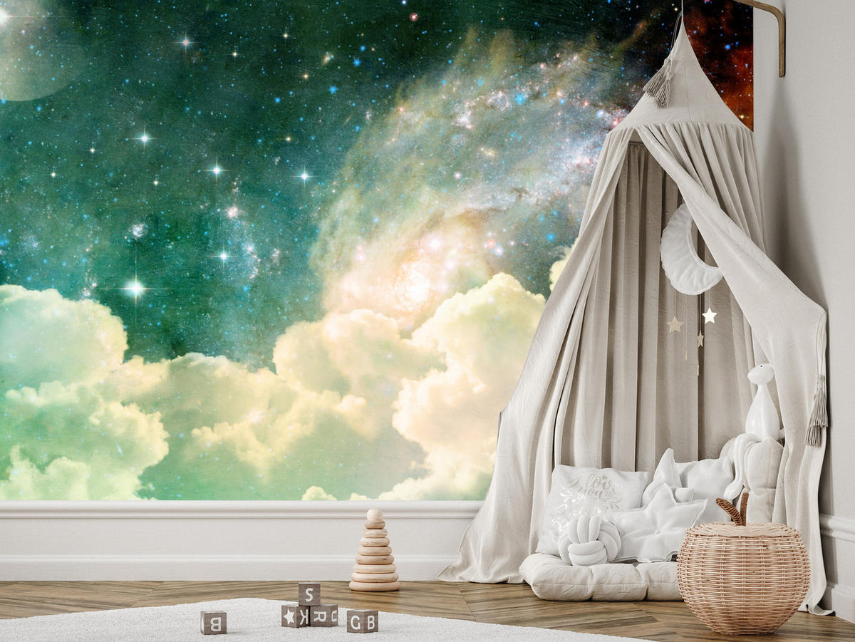 FOTOTAPETE für Kinderzimmer Kosmische Nebelwolken Sterne Galaxie Mystisch 350x256 - Türkis/Pastellgrün, Papier (350/256cm) - Muralo