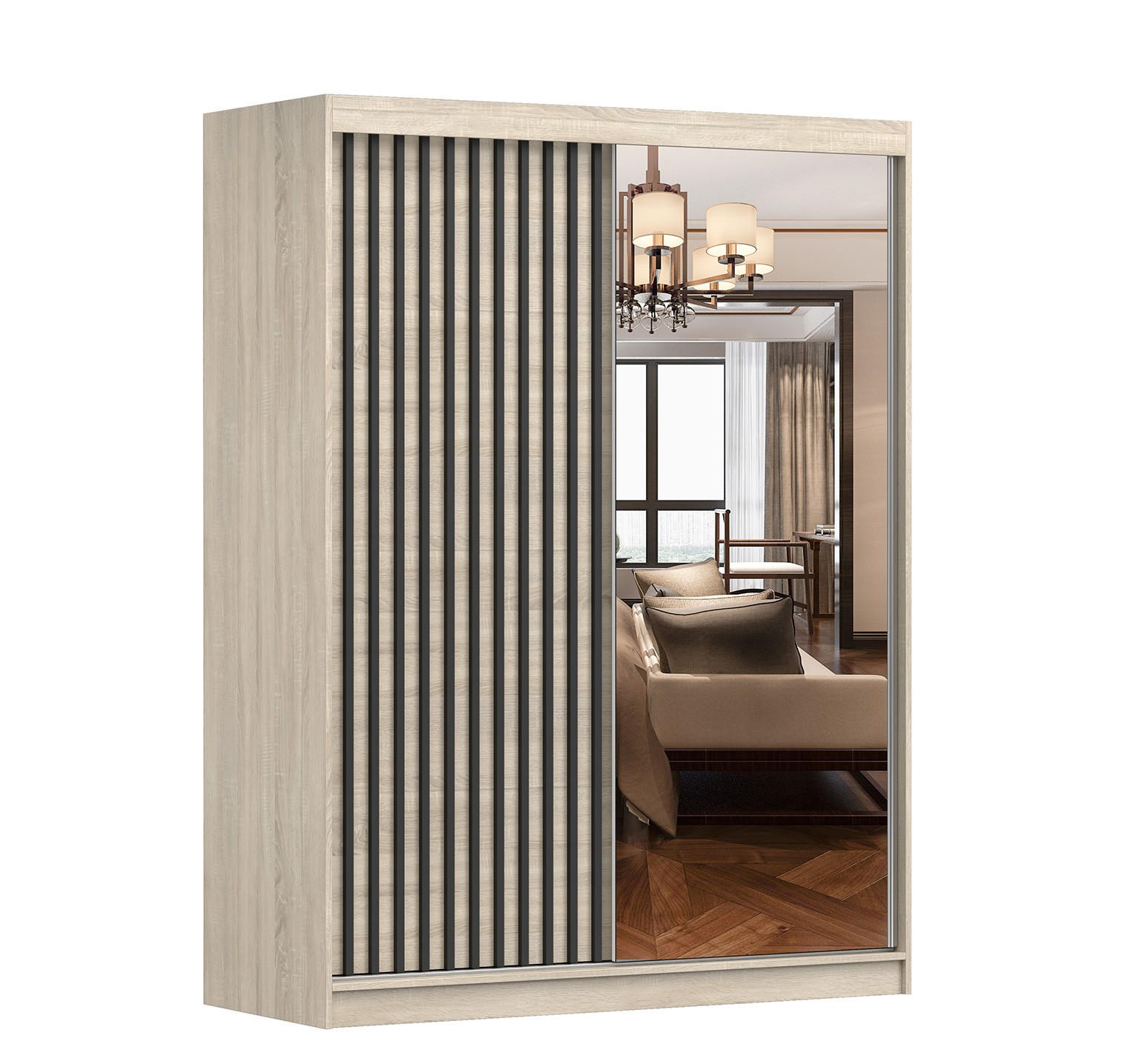 SCHWEBETÜRENSCHRANK Lami S Sonoma/Sonoma + Spiegel ohne LED- Beleuchtung 150 cm - Alufarben/Sonoma Eiche, Glas/Holzwerkstoff (150/200/61cm) - imoebel24