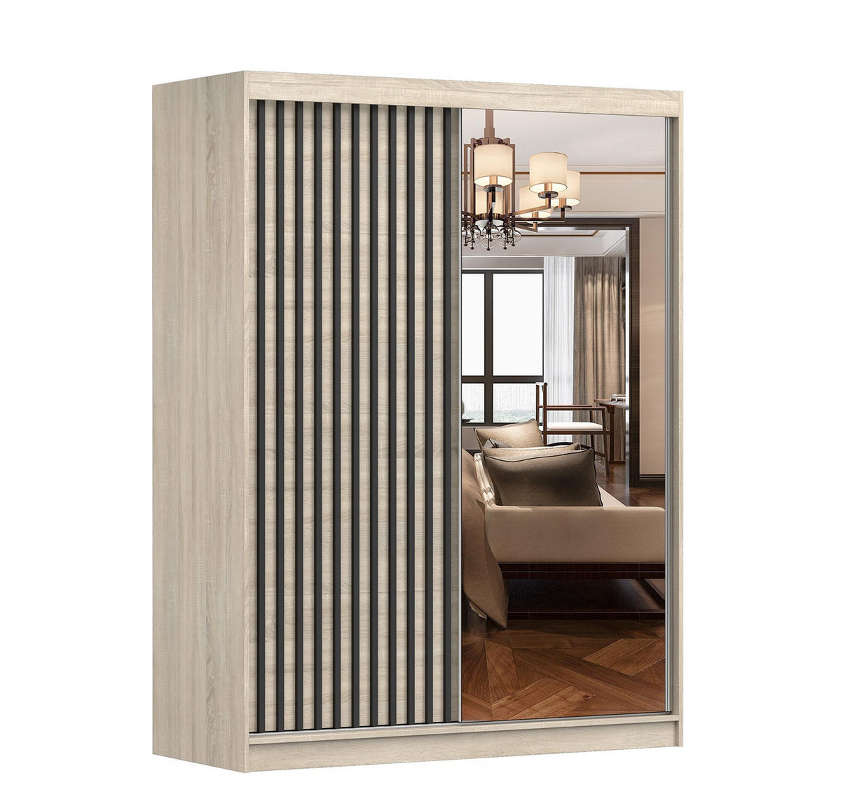 SCHWEBETÜRENSCHRANK Lami S Sonoma/Sonoma + Spiegel ohne LED- Beleuchtung 150 cm - Alufarben/Sonoma Eiche, Glas/Holzwerkstoff (150/200/61cm) - imoebel24