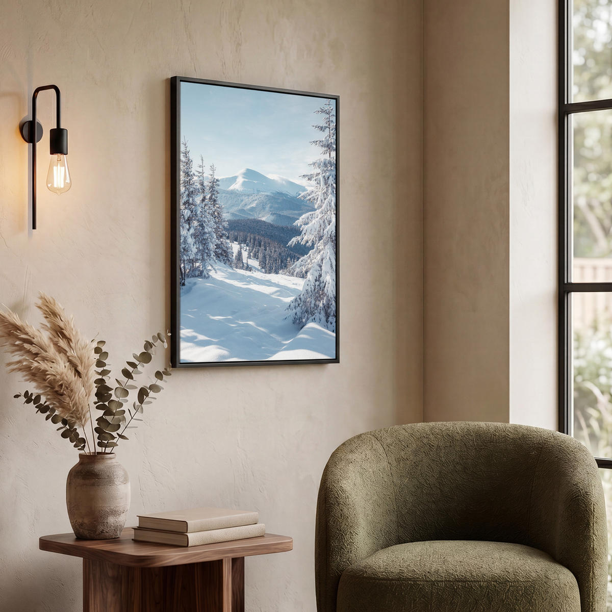 LEINWAND Bilder mit Rahmen - Winterlandschaft - Natur - Berge - Bäume - Schnee - 50x70 - Hellblau, Textil (50/70cm) - MuchoWow