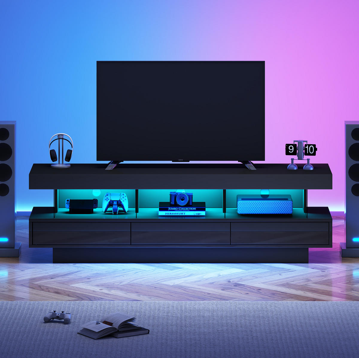 TV-ELEMENT mit LED 160 x 38 x 50,5 cm Schwarz Hochglanz - Schwarz, Holzwerkstoff (38/50.5/160cm) - Beauniv